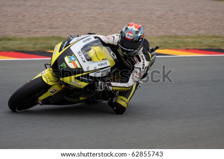 SACHSENRING, GERMANY - JULY 17: US rider Carl Edwars pushes hard during practice at Eni German Motorcycle Grand Prix on July 17, 2010 in Sachsenring, Germany