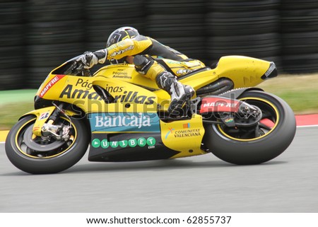 SACHSENRING, GERMANY - JULY 17: Spanish rider Hector Barbera pushes hard during practice at Eni German Motorcycle Grand Prix on July 17, 2010 in Sachsenring, Germany