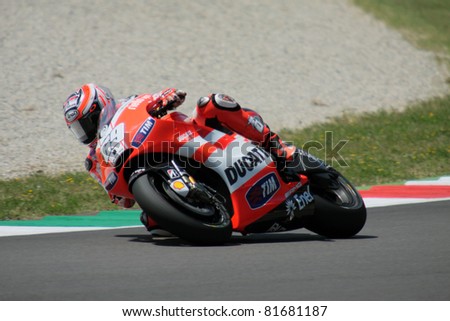 MUGELLO - ITALY, JULY 3: American Ducati rider Nicky Hayden pushes hard at 2011 TIM MotoGP of Italy on July 3, 2011