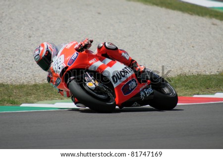 MUGELLO - ITALY, JULY3: US Ducati rider Nicky Hayden pushes hard at 2011 TIM MotoGP of Italy on July 3, 2011