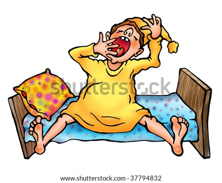 cartoon man seat on his bed in pyjamas and yawn, pillow and sheet are ...