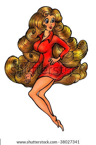 stock photo : cartoon blonde girl princess with blonde curly hair and blue 