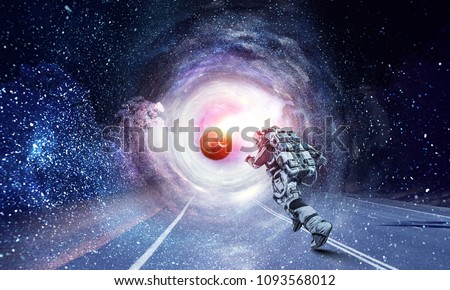 Running spaceman and galaxy. Mixed media