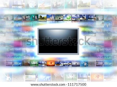 A flat screen television has a blank black text area with photo images coming out of the sides of it. The tv has a glowing light coming out the top