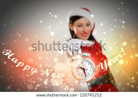 excited girl with santa hat holding clock. illustration