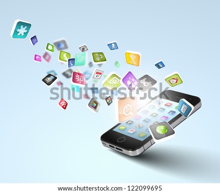 Media technology illustration with mobile phone and icons Media technology illustration with mobile phone and icons