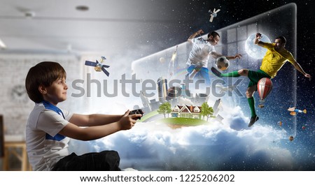 Boy playing a video game. Mixed media