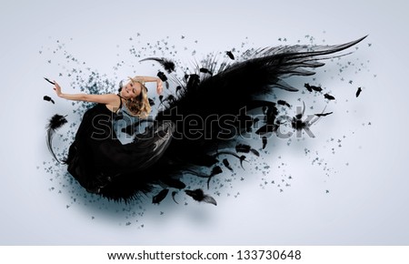 Woman floating in a dance on dark wings. Collage.