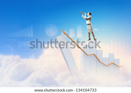 Image of businesswoman looking in telescope standing against clouds background