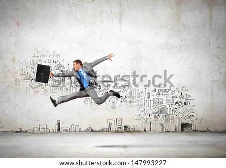 Image Of Businessman In Jump Against Sketch Background
