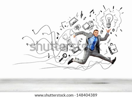 Image of businessman in jump against sketch background