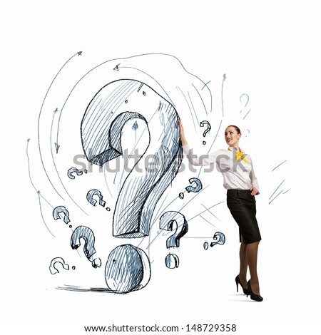 Image of businesswoman leaning on question sign