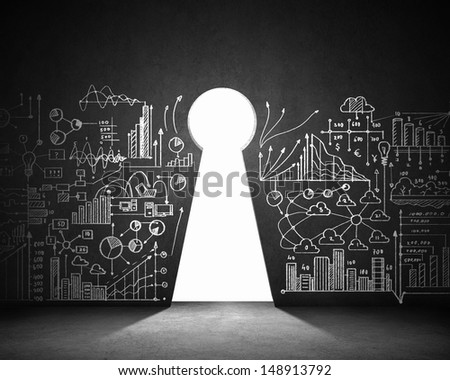 Business plan sketch on black wall with key hole