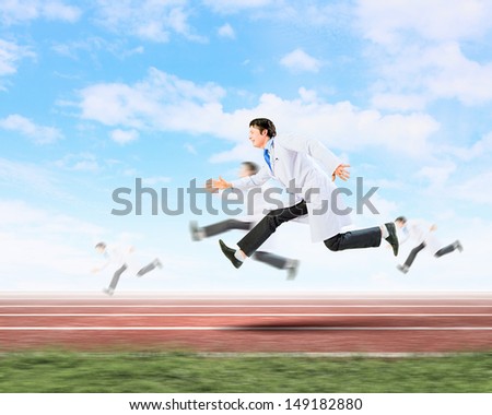 Image of funny doctors running at stadium