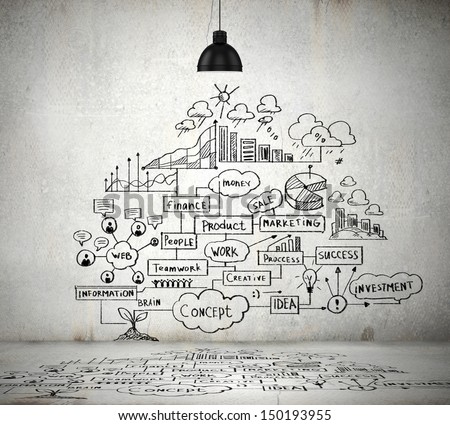 Sketch drawing with ideas on wall Collage Sketch drawing with ideas on wall Collage