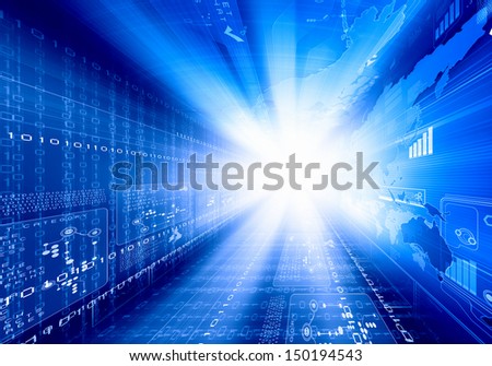 Digital blue background image with technology symbols