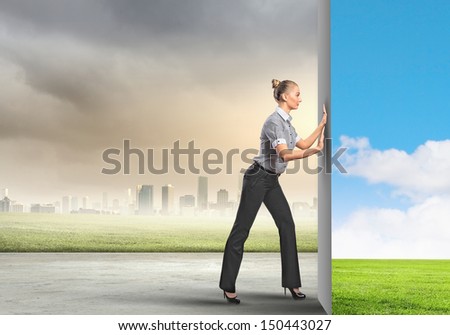 Image of attractive business woman changing reality