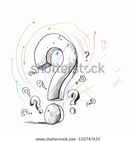 Many drawn question marks against white background
