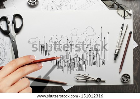 Architectural hand drawn project with set of tools