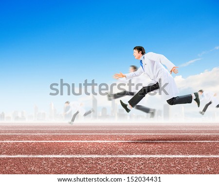 Image of funny doctors running at stadium