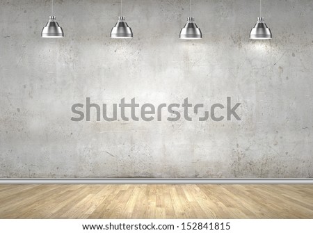 Empty room with blank wall and lamps at ceiling