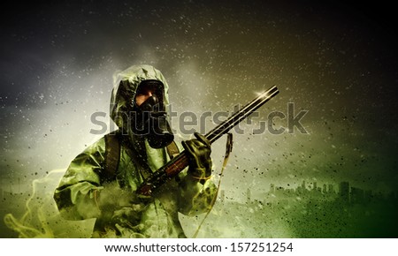 Image of stalker with gun. Ecology catastrophe