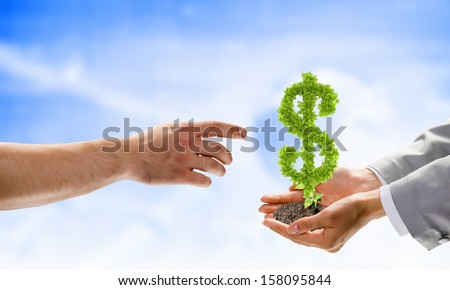 Image of human hands holding plant shaped like dollar