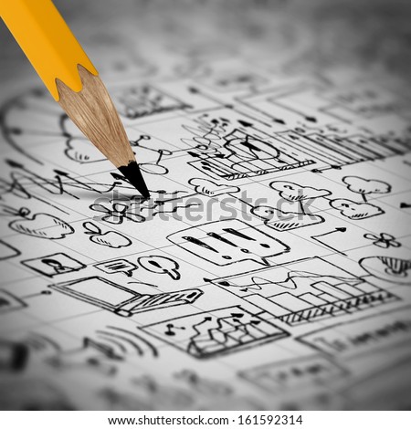 Close up image of pencil sketch with business ideas and strategy