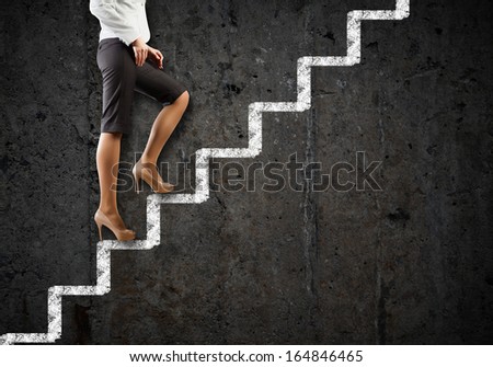 Image of businesswoman climbing career ladder. Success and achievement