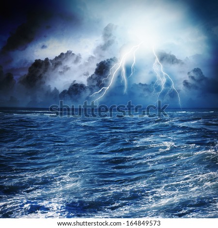 Image Of Dark Night With Lightning Above Stormy Sea