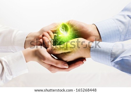 Green sprout in human hands. Recycle idea