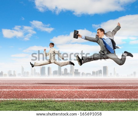 Image of business people running on tracks. Competition concept