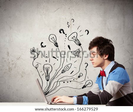 Young thoughtful man using laptop. Idea concept