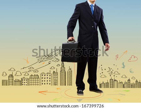 Businessman holding suitcase against sketch background. Business travel