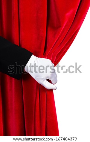 Close Up Of Hand In White Glove Open The Curtain. Place For Text