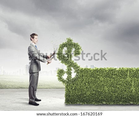 Young businessman cutting bush in shape of dollar