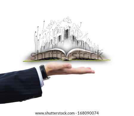 Businessman hand holding opened book in palm
