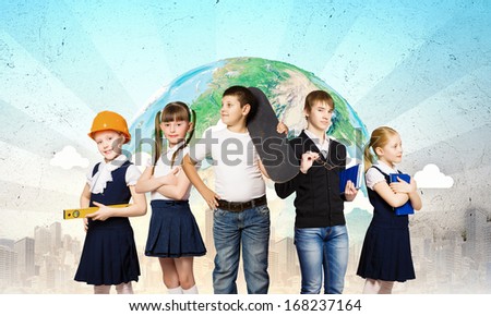 Group of pupils holding items. Education and travel concept