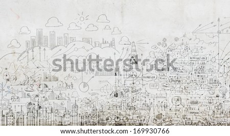 Background image with business strategy drawings. Marketing idea