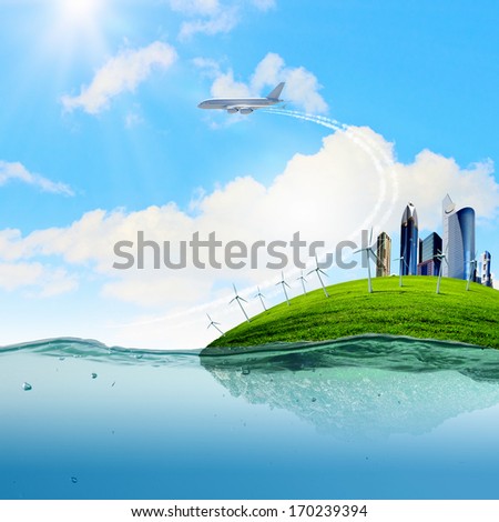 City on island floating in water. Global warming
