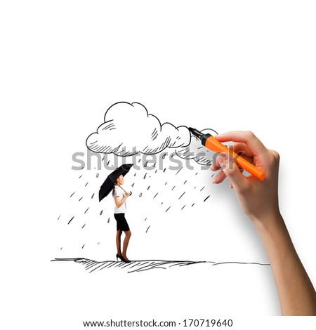 Businesswoman with umbrella under hand drawn rain