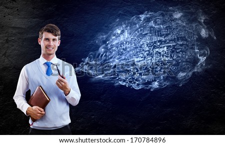 Young businessman smoking pipe with diagrams and graphs at background