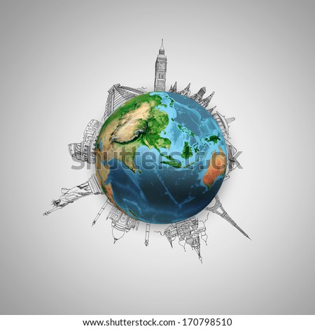 Earth planet on grey background with pencil sketches. Elements of this image are furnished by NASA