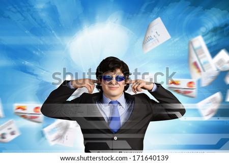 Image of businessman stopping his ears. Long working hours