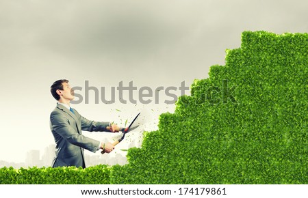 Young businessman cutting bush in shape of graph