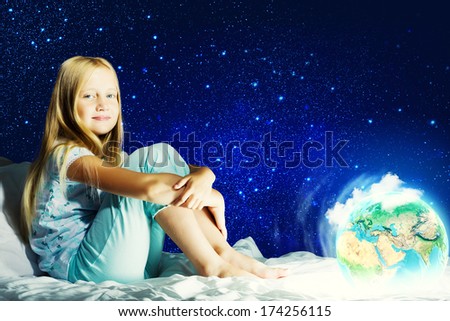 Girl sitting in bed and dreaming. Elements of this image are furnished by NASA