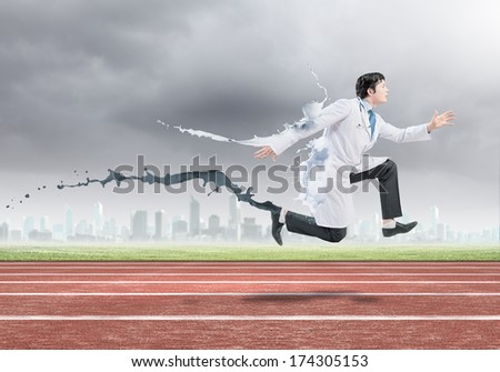 Funny image of doctor running at stadium