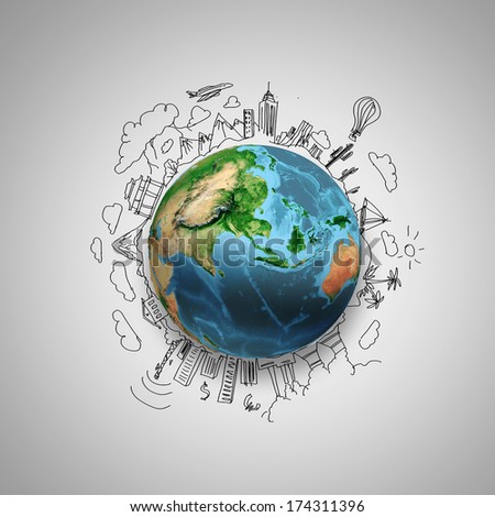 Earth planet on grey background with pencil sketches. Elements of this image are furnished by NASA