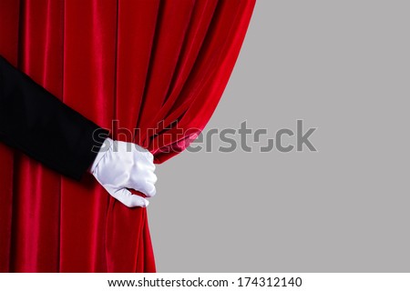 Close Up Of Hand In White Glove Open The Curtain. Place For Text