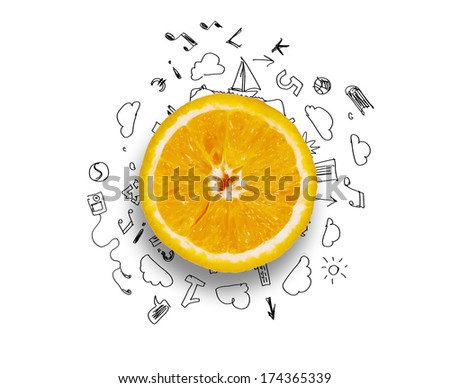 Orange half against background with business sketches